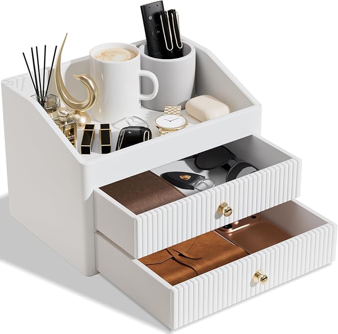 LADSTAG Desk Organizer,Beige White Vegan Leather Desk Accessories & Workspace Organizers with 2 Drawers & Tray,Key Holder with Gold-Tone Metal Accents knob，Jewelry Box,Nightstand