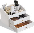 LADSTAG Desk Organizer,Beige White Vegan Leather Desk Accessories & Workspace Organizers with 2 Drawers & Tray,Key Holder with Gold-Tone Metal Accents knob，Jewelry Box,Nightstand