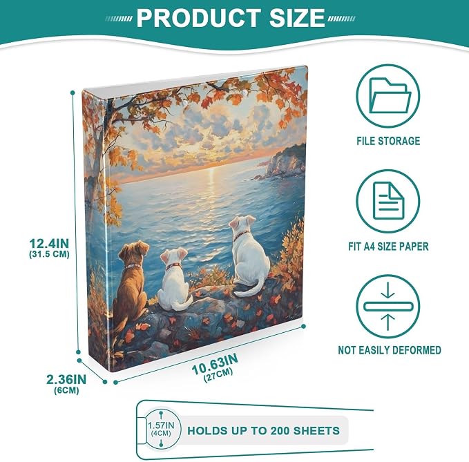 3 Ring Binder Funny Three Dogs Sunset 1.5 inch Binders Three Ring Binders with Clipboard Fit 8.5'' x 11'' Paper 3 Interior PVC Clear Pockets for Office Supplies
