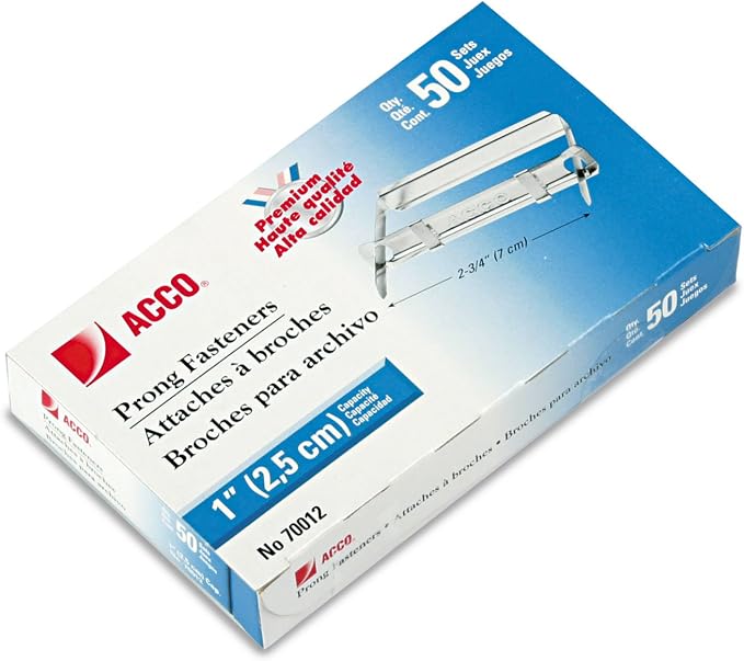 Acco Prong Fasteners, Premium, Fastener Sets for Standard 2-Hole Punch, 1-Inch Capacity, 1 Pack of 50 (A7070012H)