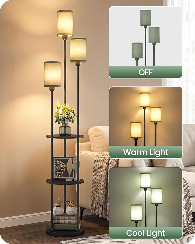 Floor Lamp with Shelves, Modern Floor Lamp with 3 Linen Shades and Foot Switch, 3-Light Standing Lamp, for Living Room, Bedroom, Study, Office, Black and Green J53LD05