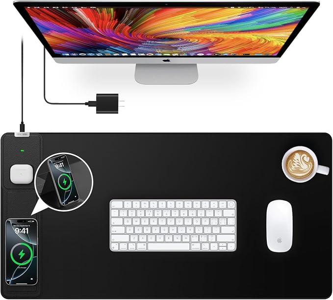 Wireless Charging Mouse Pad with Foldable Phone Holder, 31.5"x15.8", Black | Extended Desk Mat for Laptop/Keyboard, Waterproof Ultra-Smooth Surface, Non-Slip Base & 20W PD Adapter