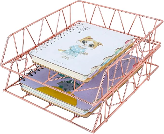 Set of 2 Office Supplies Metal Stackable File Document Letter Tray Organizer for Desk, Rose Gold