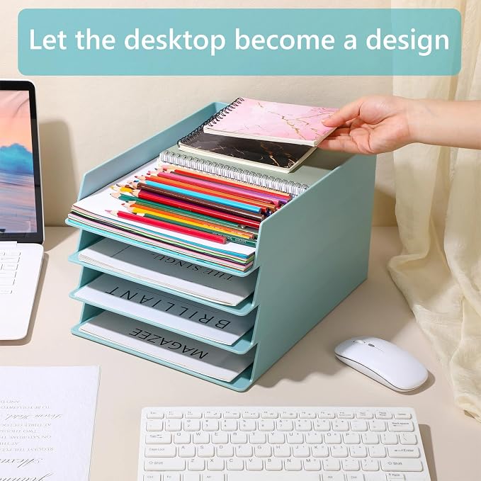 Tatuo 16 Pack Stackable Paper Trays Plastic Letter Tray Desk Organizer Paper Holder Organizer Storage Office Desk Accessories for Classroom Magazine File Documents 12.8 x 9.45 x 1.97, Blue Green