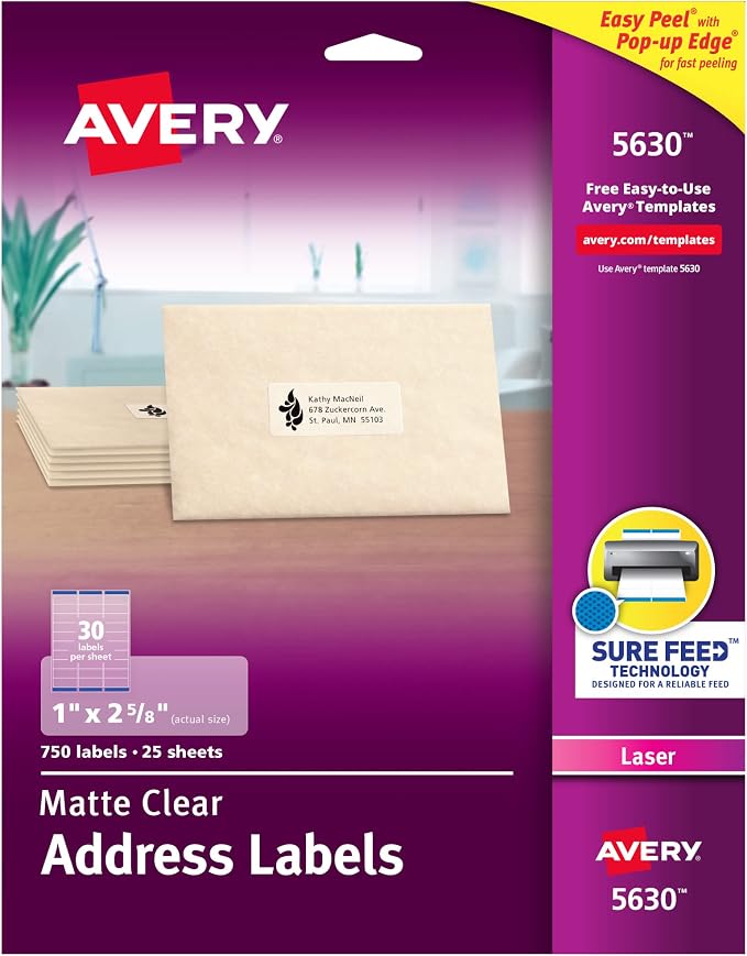 Avery Matte Clear Address Labels, Sure Feed Technology, Laser, 1" x 2-5/8", 750 Labels, 5 Packs (5630)