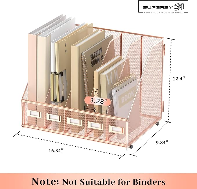 Desk Organizers Metal Desk Magazine File Holder with 5 Vertical Compartments Rack File Organizer for Office Desktop, Home Workspace, Rose Gold