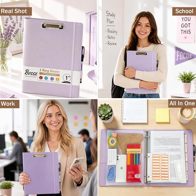 3 Ring Binder, 1 Inch Leather Binders with Clipboards, 5-Tabs Pockets Dividers, 18 Divider Stikers, Plastic Folder, Pen Holder, Three Ring Binder with Pen Holder(Purple, Letter Size)