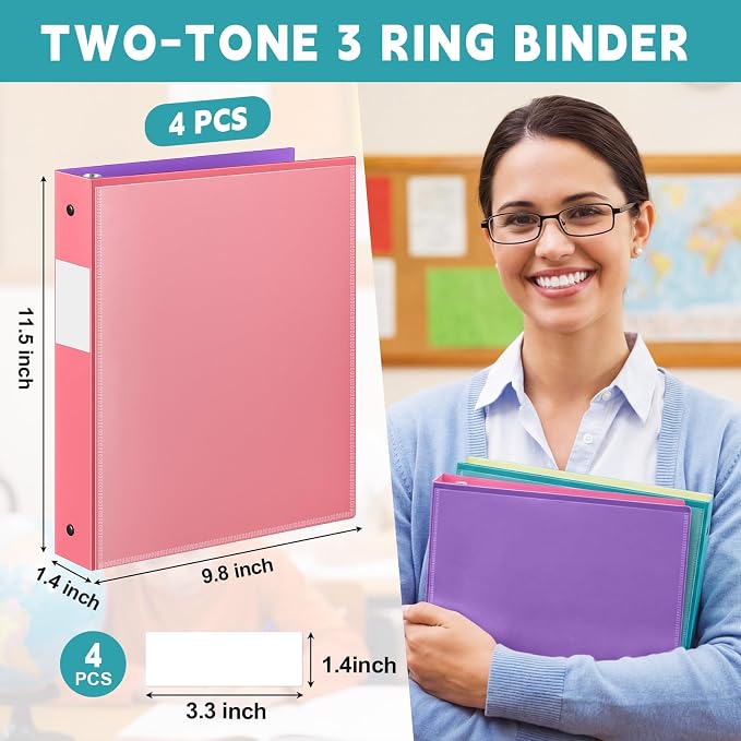 Henoyso 4 Pack Two-Tone Durable 3 Ring Binders 1 Inch, Clear Cover with Front & 4 Inner Pockets, Colored Plastic Flexible Binders with Large Capacity for School & Office