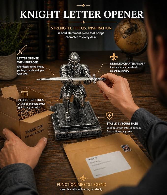 Magnetic Knight Pen Holder for Desk, Medieval Desk Decor Gift for Men, Resin Office Desk Organizer with Sword Letter Opener, Cool Desk Accessories for Dad Husband Boss