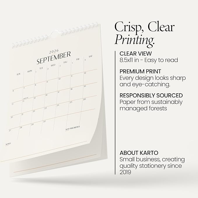 Karto Wall Calendar 2026 8.5x11 in - Beige | January 2026 to June 2027, Vertical, Boosts Productivity, Easy Monthly Planning