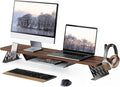 Fenge Dual Monitor Stand, Wooden Desk Shelf with Headphone & Phone Holder | 42.5" Monitor Riser with Storage Shelf, 2-Tier Monitor Shelf with Metal Leg for Home Office Organizer, Brown