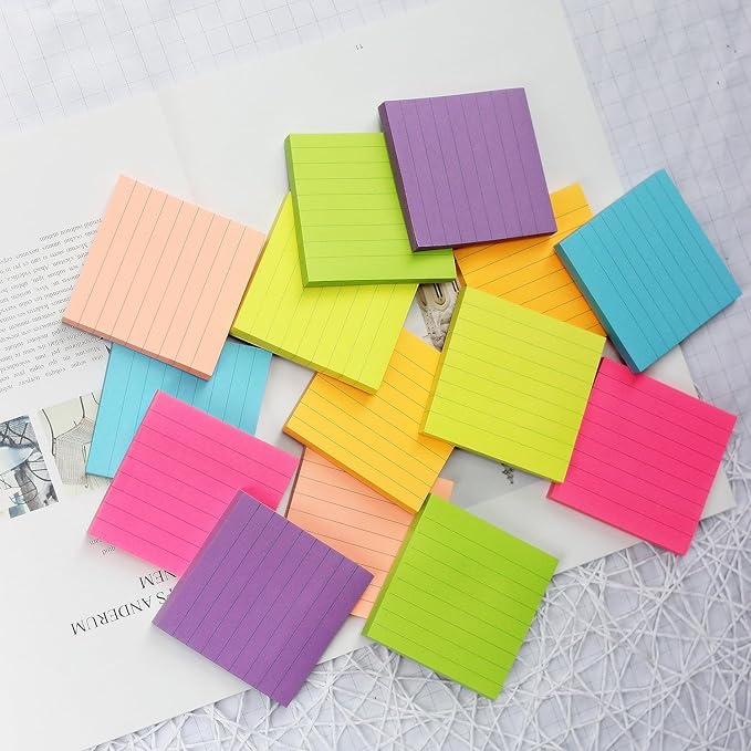 Early Buy Lined Sticky Notes 3x3 Inch, 14 Pads/Pack with Lines Notepads, 7 Bright Colors Self-Stick Pads, 80 Sheets/Pad, Total 1120 Sheets