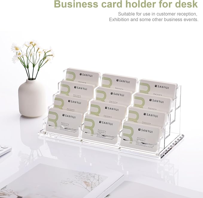 YUXUN Business Card Holder Display for Desk-12 Slots 4 Tier | Clear Multiple Acrylic Cards Stand for Women and Men, Business Card Holder Case for Office Supplies Home School