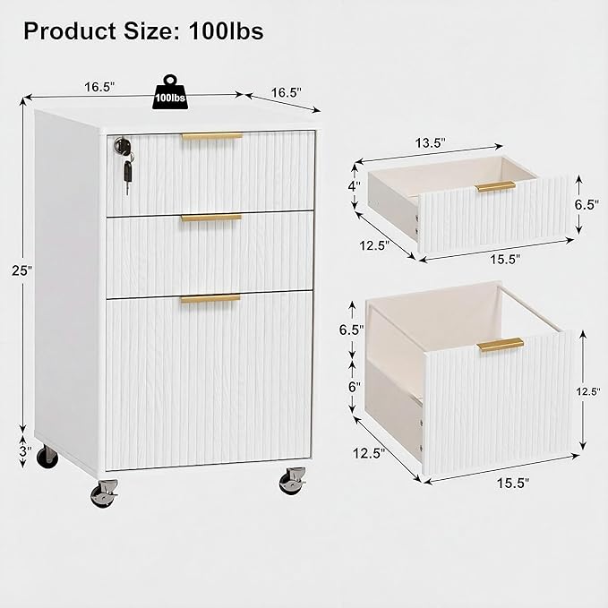 3 Drawers Fluted Mobile File Cabinet with Lock, Rolling File Cabinet Printer Stand Table, Under Desk Wooden Filing Cabinets for Home Office Essentials Storage Organization Furniture Letters/A4(White)