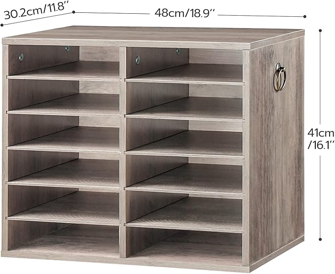 HOOBRO Literature Organizers, 12 Compartments Office Mailbox with Adjustable Shelves, Wood Countertop Literature Sorter for Office, Home, Classroom, Mailrooms Organization Greige BG12WF01