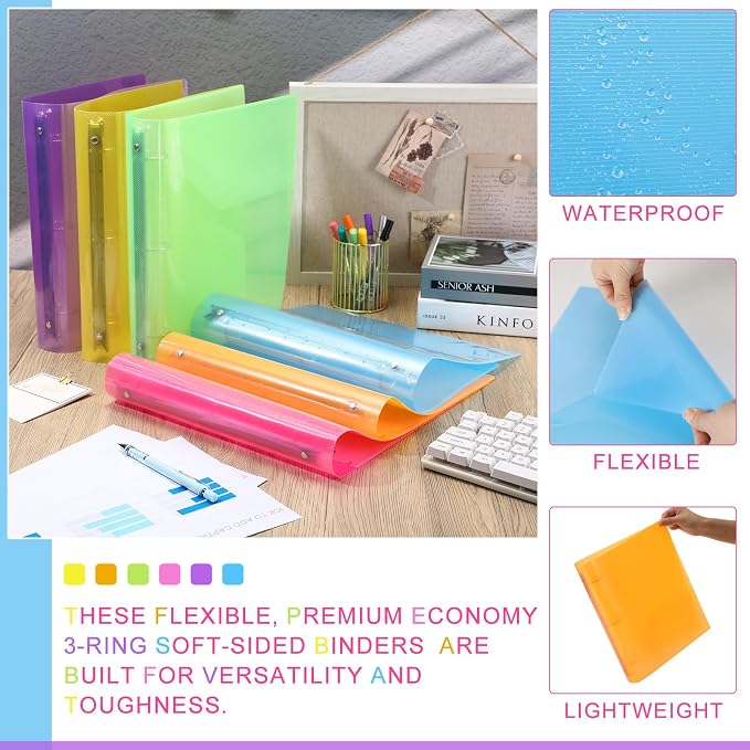 Fulmoon 48 Pack 3 Ring Plastic Binders 1.5 Inch Bulk with 2 Pockets, Flexible Binder Loose Leaf Hardcover, Fit 12" x 10" US Letter Size Paper, for School Office Home, 6 Colors (Bright)