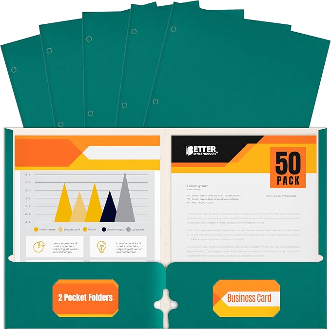 Better Office Products Two Pocket Portfolio Folders, 50-Pack, Teal, Letter Size Paper Folders, 50 Pieces, Teal
