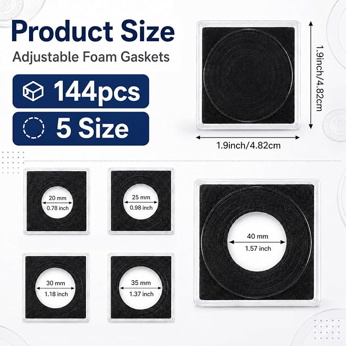 144 Pcs Plastic Coin Holders with 5 Sizes Adjustable Silver Dollar Coin Holder Capsule Protectors Snap Holders Silver Dollar Protection Cases for Collection Supplies Storage Display （20-40mm）