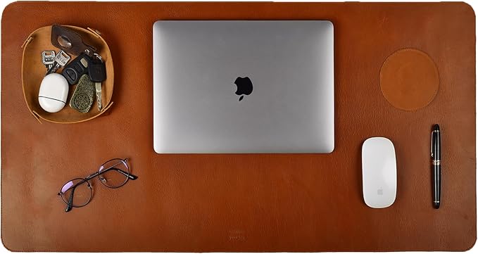 LEATHER VILLAGE Real Leather Desk Pad 3mm Thick Double Layer Desk Mat Tan | 32''x16'', Cover Blotter Large Full Grain Protector for Keyboard, Mouse & Laptop, Office Table Mat & Desktop Accessories