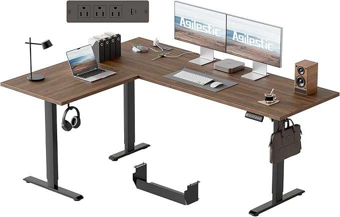 Agilestic 63 x 48 Inch L Shaped Standing Desk with Powerstrip, Dark Walnut | Outlets, Cable Management, Corner Desk, Ample Workspace, Memory Presets, Hooks, Stable Steel Frame,176 lbs, Splice Board