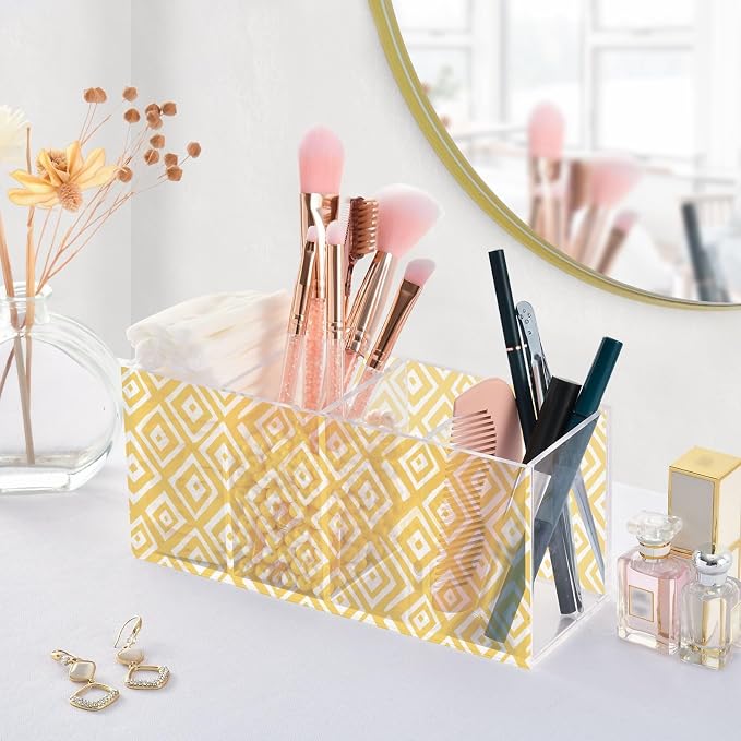 Yellow Geometric Figure Acrylic Printed Pen Holder 4 Compartments, Acrylic Plastic Pen Holder Cosmetic Brush Holder Desk Pen Holder Marker Organizer Square Acrylic Pen Holder 4 Compartments