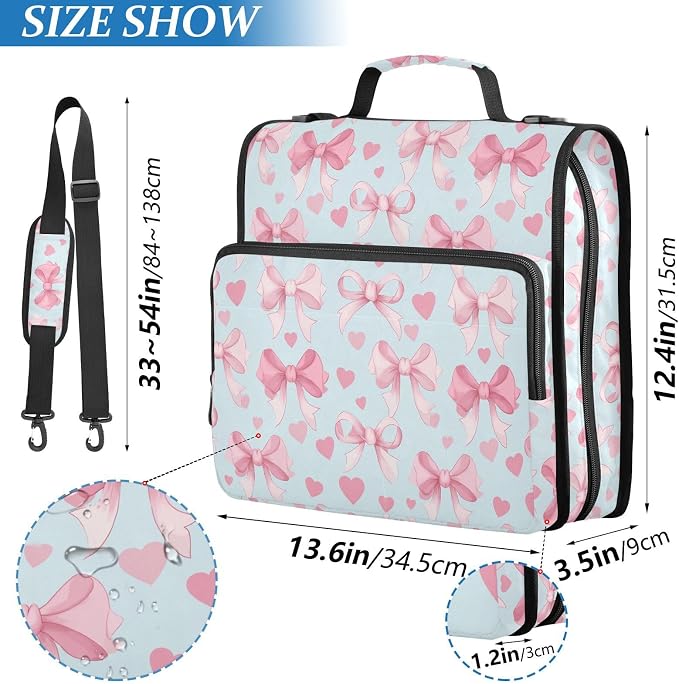 Aslsiy Zipper Binder Happy Valentines Holiday 1.5 inch 3-Ring Binder Organizer Hearts Pink Bows with Shoulder Strap for School Office Supplies