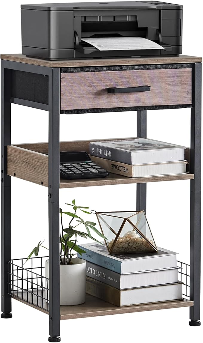 Lerliuo 3-Tier Printer Stand with Fabric Drawer and Shelves, Grey | Three-tier printer stand with fabric drawer and two shelves for paper, office supplies, scanners and fax machines