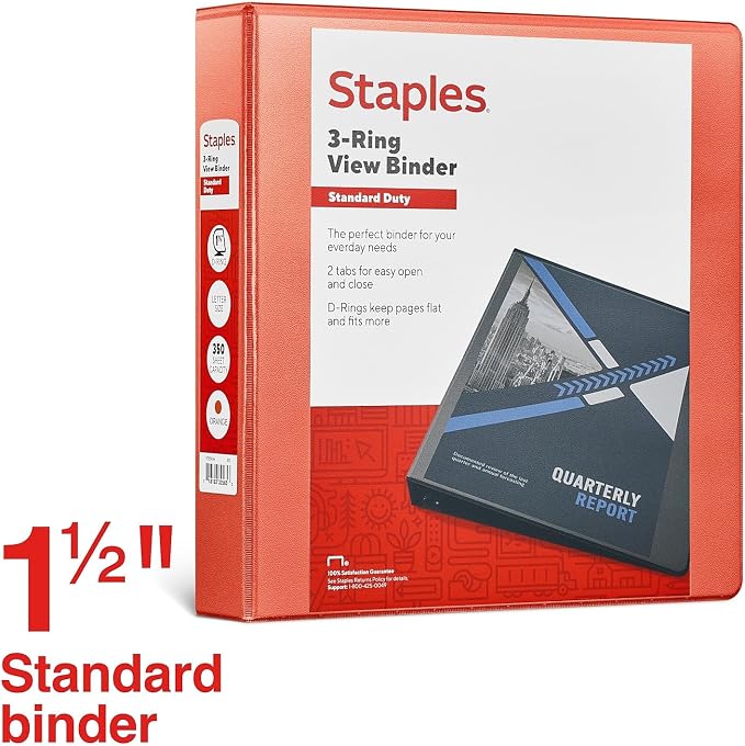 Staples Standard 1.5-Inch 3-Ring View Binder, Holds Up to 350 Sheets, Orange, Durable Binder for Office & School