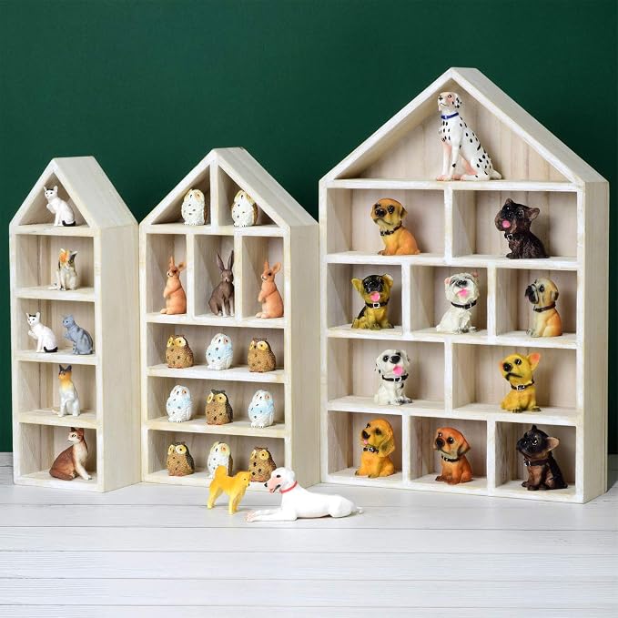 Ikee Design Wooden Shadow Box Display Shelf Organizer | Wall-mountable wood display rack with 5 adjustable shelves for figurines, action figures and collectibles.