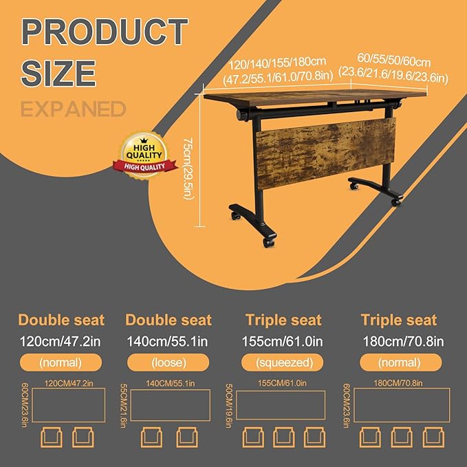 Folding Conference Table 4ft 5ft, Foldable Office Meeting Desk for 6 People, Multiple Sizes Colors Mobile Conference Room Table for Training Room School Business Furniture (6, Brown, 47in)