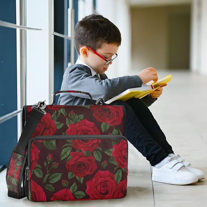 Red Rose Black Roses Zipper Binder Bag 3 Ring Binder with Shoulder Strap Zip Up 500 Sheets Capacity Multi Pockets for School Office Supplies