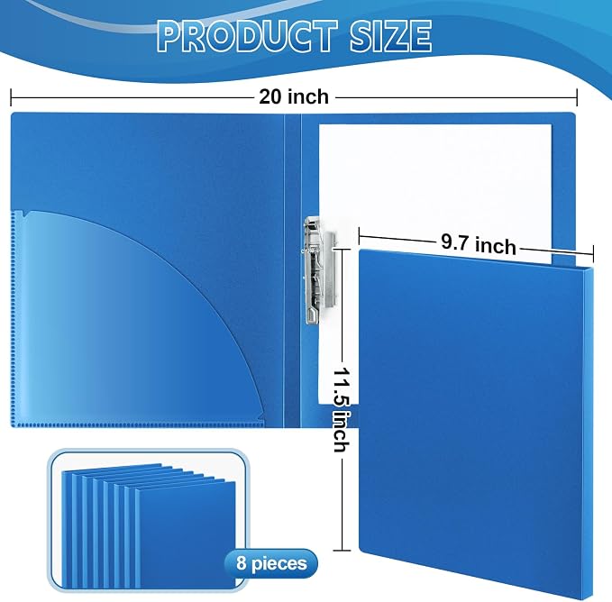 Teling 8 Pack Punchless Clamp Binder Folder Ringless Binder with Metal Clip and Poly Covers Flex Colored Swing Clamp for Work School Documents, 9.7 x 11.5 Inch(Blue)