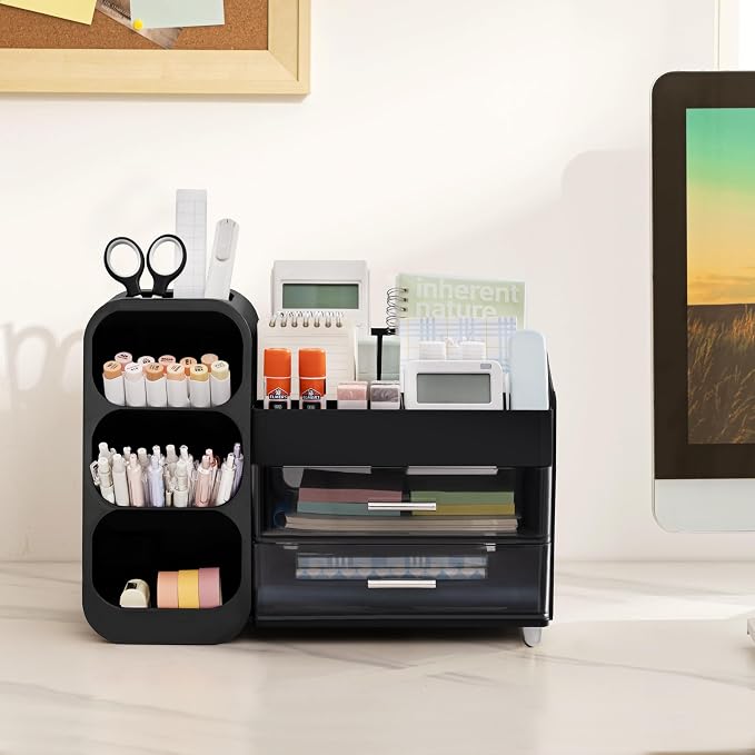 HBlife Desk Organizer with Pen Pencil Holder for Desk, Pen Organizer with 2 Drawers, Desk Organizers and Accessories with 4 Compartments, Desktop Storage for Office Home School Art Supplies, Black