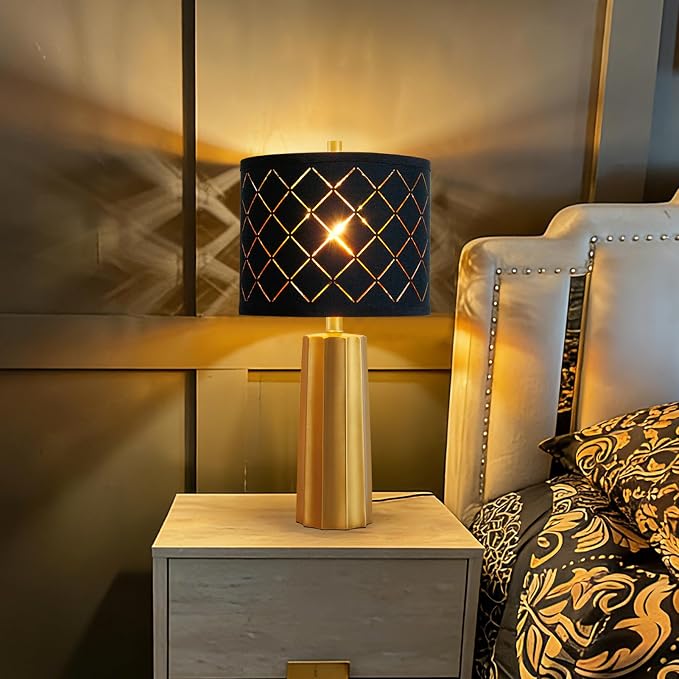 24" Modern Table Lamp for Living Room Bedroom Black Grid Shade | Gold Nightstand Resin Lamps Contemporary Desk Lamps for Bedside End Tables, 2 Bulbs Included (Gold)