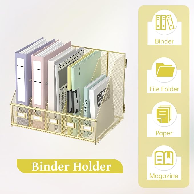 Desk Organizers Metal Desk Magazine File Holder with 5 Vertical Compartments Rack File Organizer for Office Desktop, Home Workspace, Gold Plus