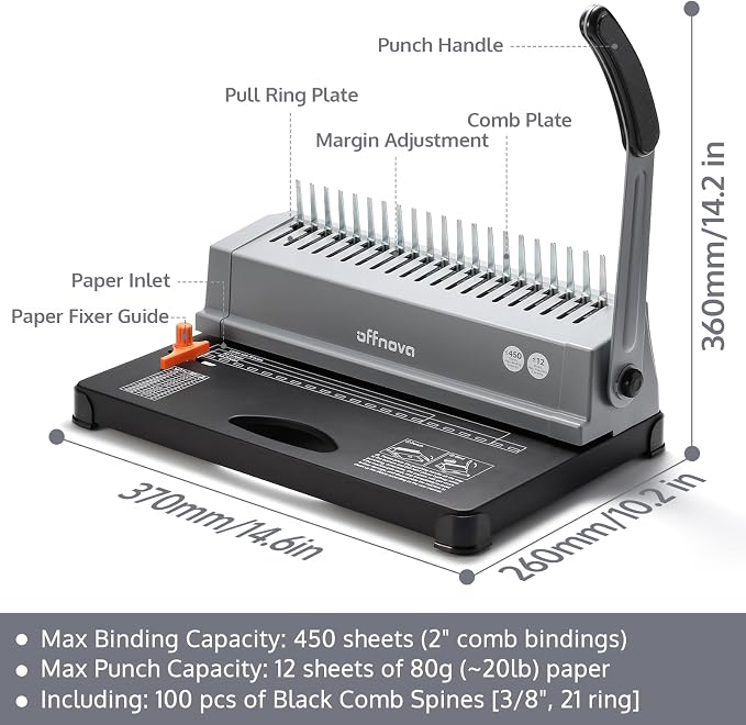 OFFNOVA Binding Machine, 21-Hole 450 Sheets Paper Comb Punch Binder Machine for Letter Size / A4 / A5 Paper, Easy to Punch Handle, Adjustable Margin, Gray