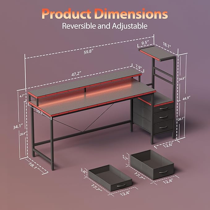 60 inch Gaming Desk with Drawers, Reversible Computer Desk, Black | Gamer Desk with LED Lights, Power Outlets & Monitor Stand, Large Office Table for Home Bedroom Study Work Writing