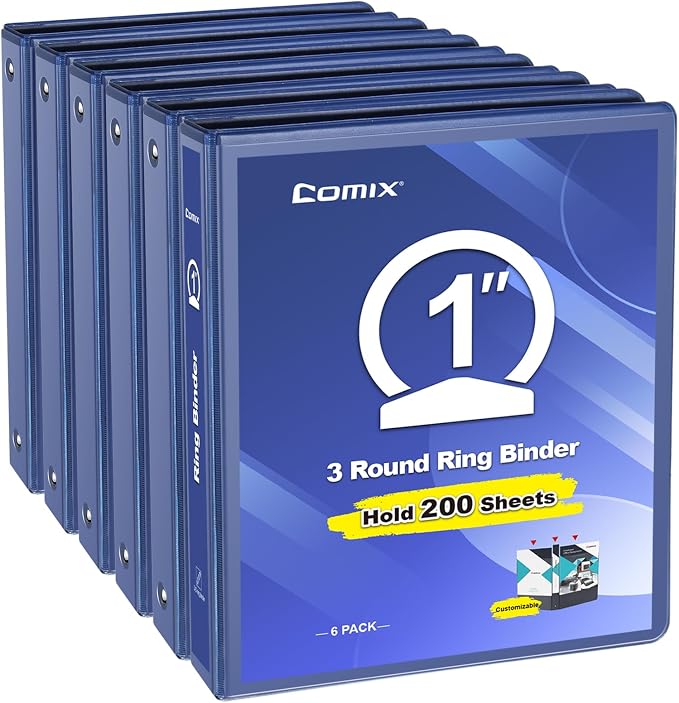 COMIX Sturdy 1 Inch 3 Ring Binder with Clear View Cover | 1"Heavy Duty Round Ring,PVC-Free Board,Holds 200 Letter Sheets,Wholesale for Offices & Classrooms,6 Pack (Dark Blue)