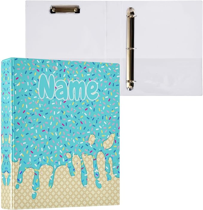 Custom 3 Ring Binder Teal Blue Ice Cream Print 1.5" Round Ring Binders Personalized Name View Binder with 200 Sheet for Kids School Supplies Women Men Office, 1 Pack