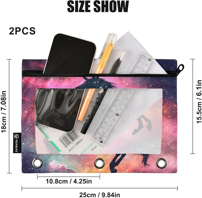 Unicorn Galaxy Sky Pencil Pouch for 3 Ring Binder, 2 Pack Waterproof Pencil Bags Clear Window Pencil Case Zipper School Office Supplies