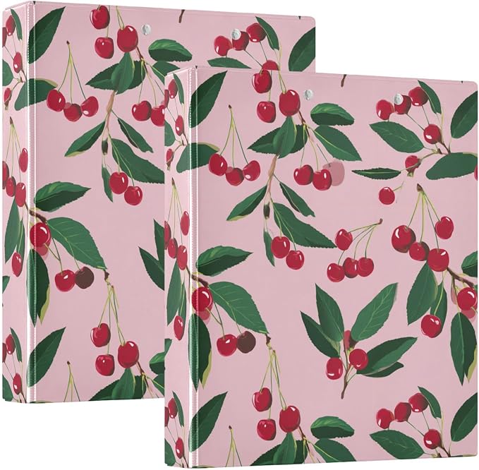 Green Leaf and Pink Cherry Binder 3 Ring 1.5 Inch Binder with Clipboard&Pockets, Hardcover Binders Heavy Duty Large File Folder for Office School Supplies - Holds 200 Sheets, 2 PC