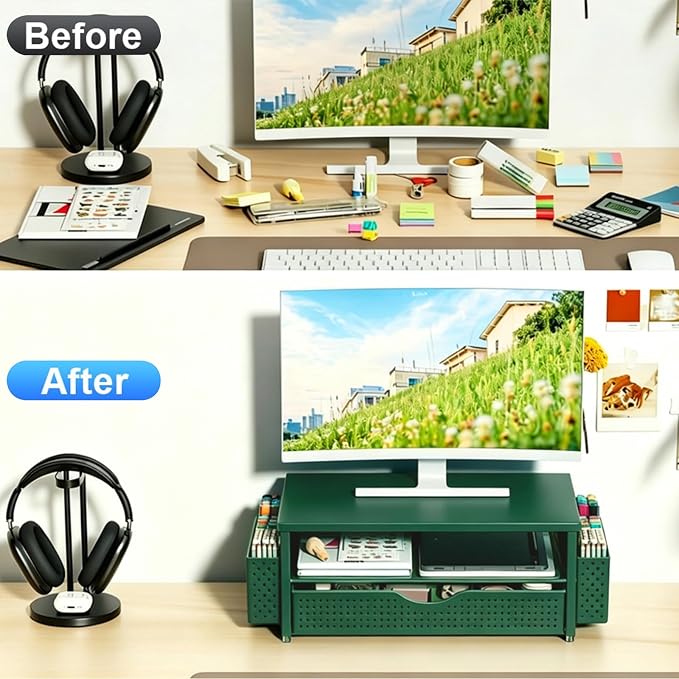 Spacrea Desk Organizer and Accessories, Computer Monitor Stand Riser with Drawer and 2 Pen Holders, Office Desk Accessories & Workspace Organizers for Office Supplies (Dark Green)