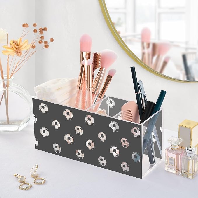 Football Print Black White 4 Compartment Acrylic Pencil Holder, Printed Pencil Holder Makeup Brush Holder Acrylic Desktop Accessories for Pencil Cutlery Toiletries Storage