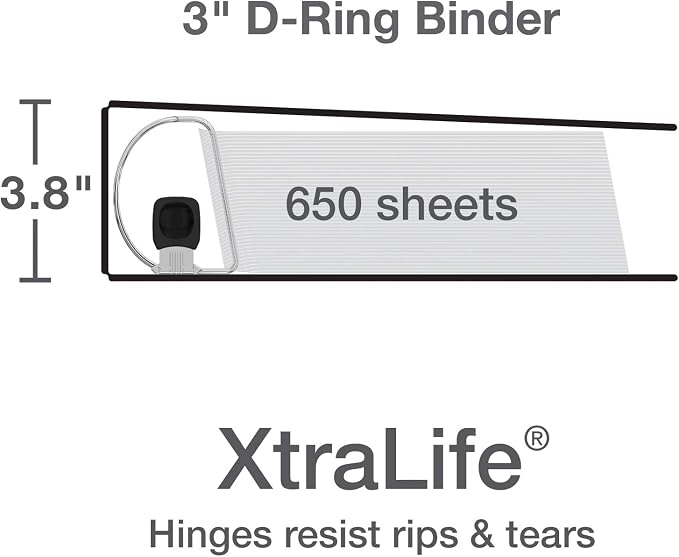 Oxford 3 Ring Binders, Binders for School and Office, 3 Inch ONE-Touch Easy Open D Rings, 3-Sided View Binder Covers, Xtralife Hinge, Non-Stick, PVC-Free, White, 650-Sheet Capacity, 4 Pack (79915)