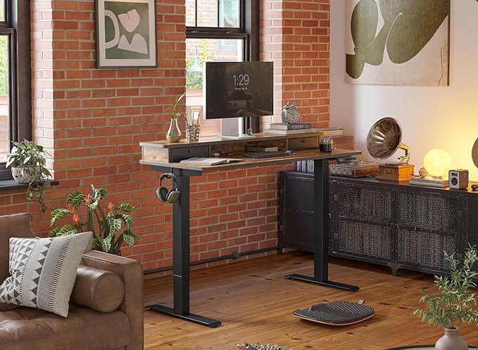 FEZIBO 48 x 24 Inch Height Adjustable Electric Standing Desk with Double Drawer, Stand Up Table with Storage Shelf, Sit Stand Desk, Rustic Brown