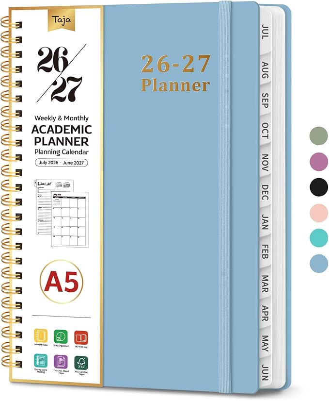 Taja Planner 2026-2027, 6.3" x 8.5" Calendar Planner, Jul 2026-Jun 2027 | A5 Hardcover Weekly & Monthly Academic Year Planner, Large Planning Agenda With Tabs, School & Office Supplies, Baby Blue