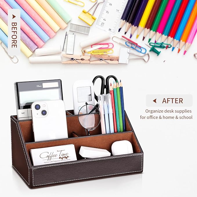 5PCS Desk Organizer and Accessories Set, Pu Leather Office Supplies with Multifunction Desktop Organizer Storage Box, Tissue Holder, Mouse Pad, Note Paper Holder, Pencil Holder for Desk Brown