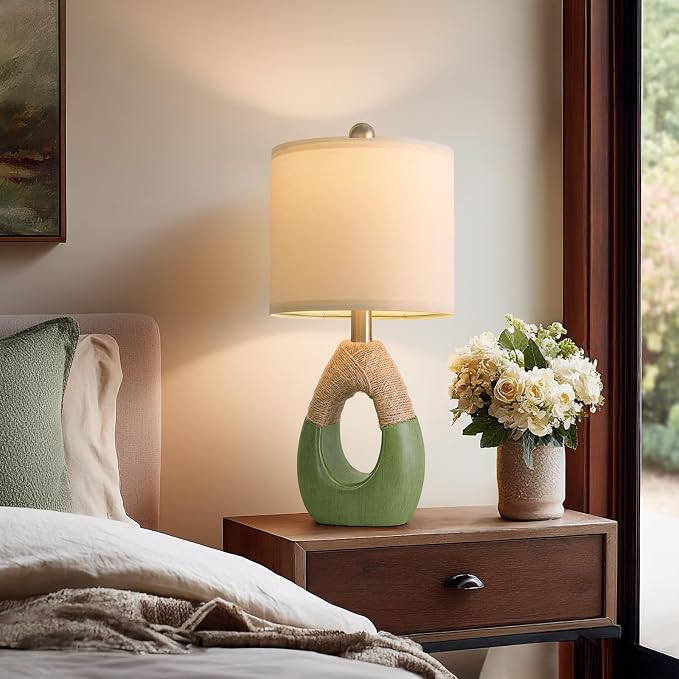 19" Table Lamps Set of 2, Bedside Lamps for Living Room, Lamps for Bedroom, Farmhouse Rattan Table Lamp, Small Space Nightstand Lighting, Rustic Home Office Decor (Green, Bulb Not Included)