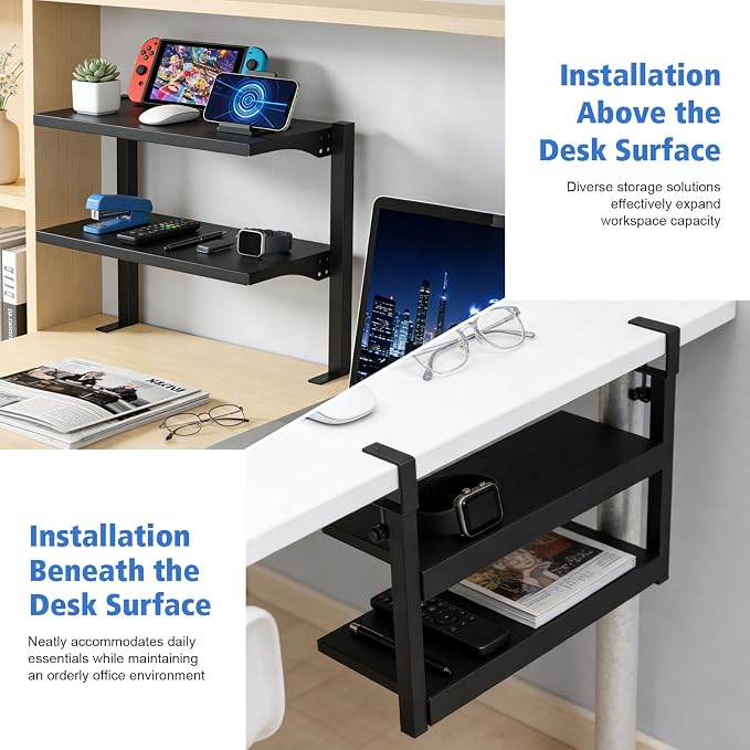 2-Tier Clamp-On Desk Shelf Organizer, Steel 16in Desk Shelf, Large | Heavy Duty, Expandable Above/Under Desk Storage Shelves, Desktop Extender Accessories for Office Study Room and Game Rooms
