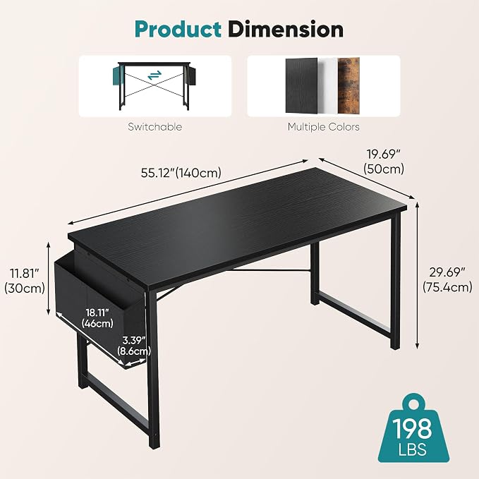 OLIXIS Computer Desk, 55 Inch Gaming Desks for Home Office Small Spaces | Writing Study Craft Work Table, Computer Workstation for Bedroom with Storage Bag, Black